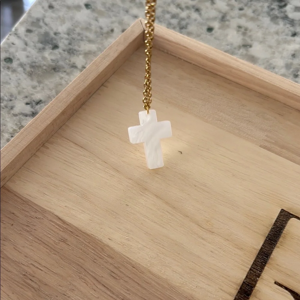 Gold Necklace with White Crescent Pendant